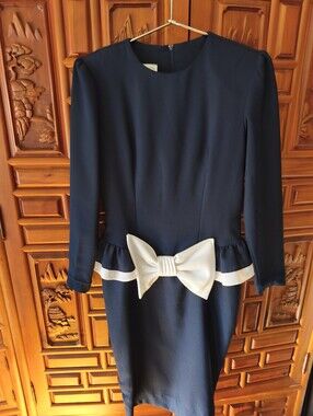 Vintage Navy Crepe Dress with White Bow Accent
